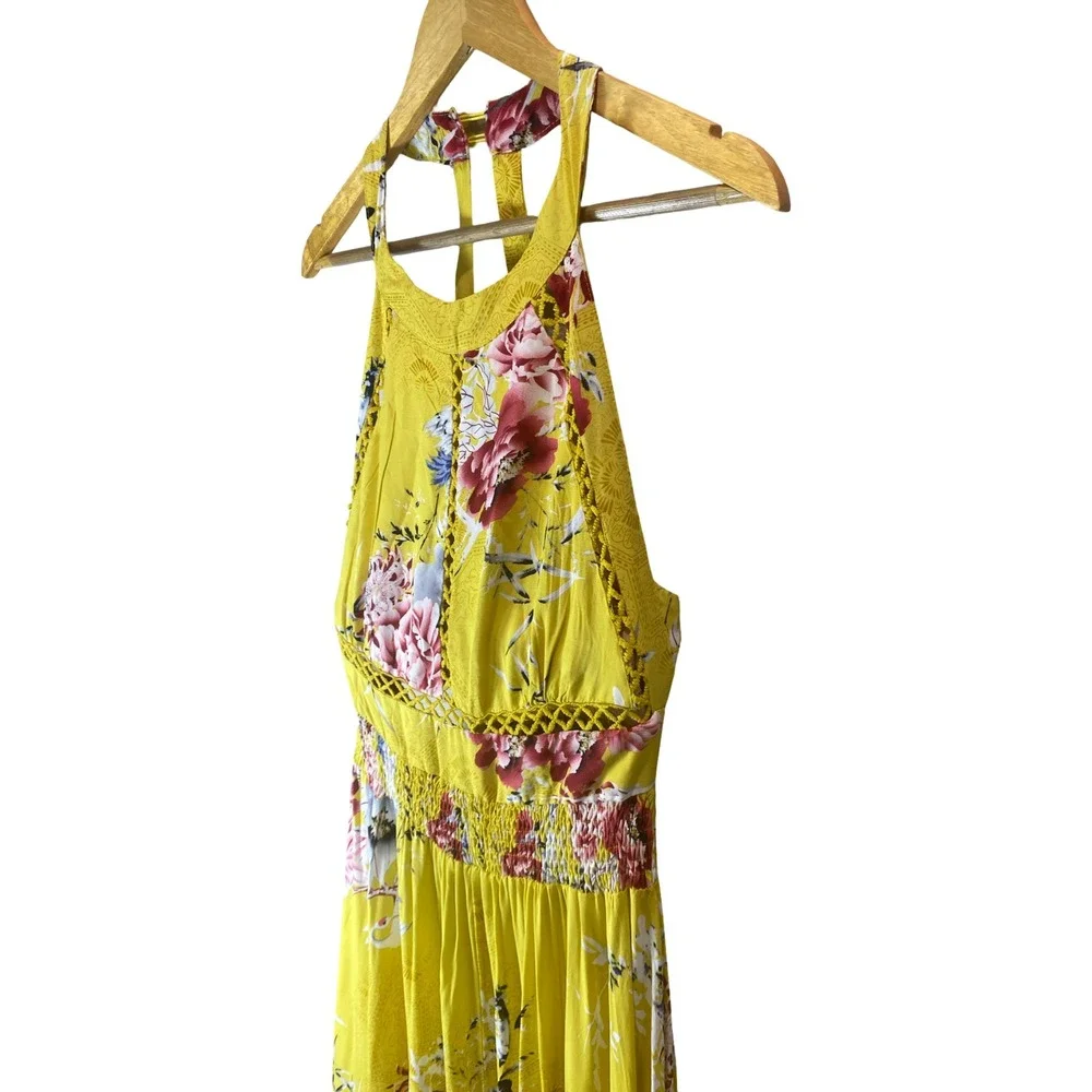 Jaase Yellow Floral Halter‎ Maxi Dress XL Crochet Smocked Vacay Tropical Boho